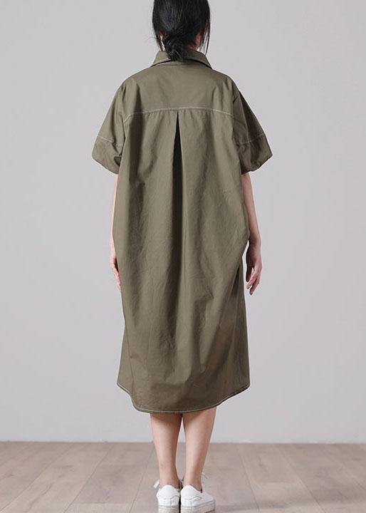 Casual Army Green Peter Pan Collar Button Maxi Summer Cotton Dress - bagstylebliss