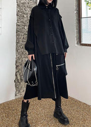 Casual Black Asymmetrical Design Button Shirt Long Sleeve Spring - bagstylebliss