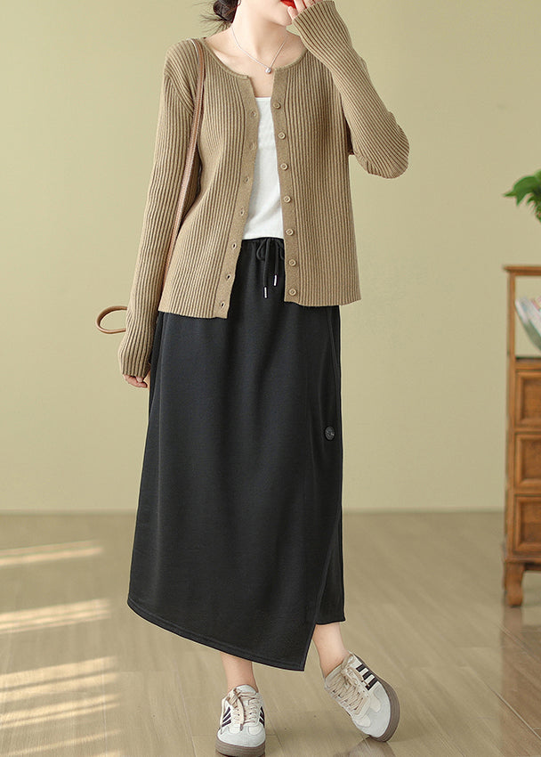 Casual Black Asymmetrical Drawstring Cotton A Line Skirt Spring