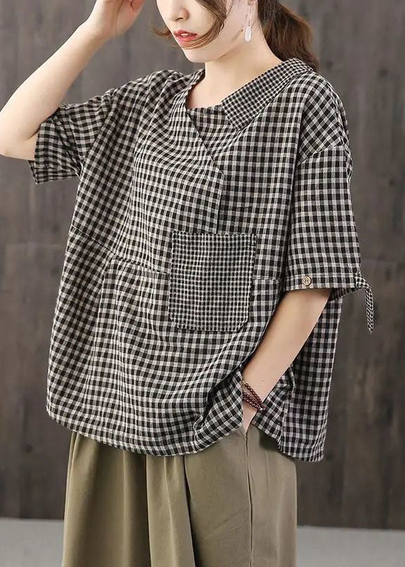 Casual Black Asymmetrical Plaid Cotton Blouses Half Sleeve