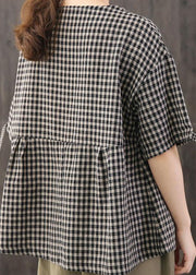 Casual Black Asymmetrical Plaid Cotton Blouses Half Sleeve