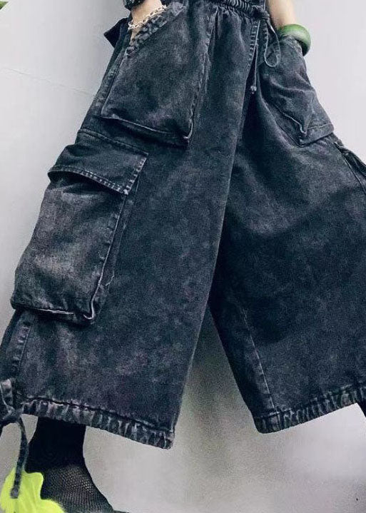 Casual Black Cinched Pockets denim Pants Spring