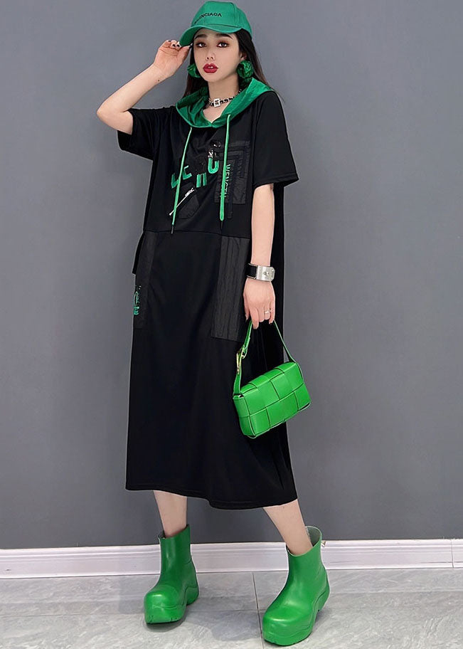 Casual Black Colorblock Hooded Cotton Sweatshirts Dress Short Sleeve