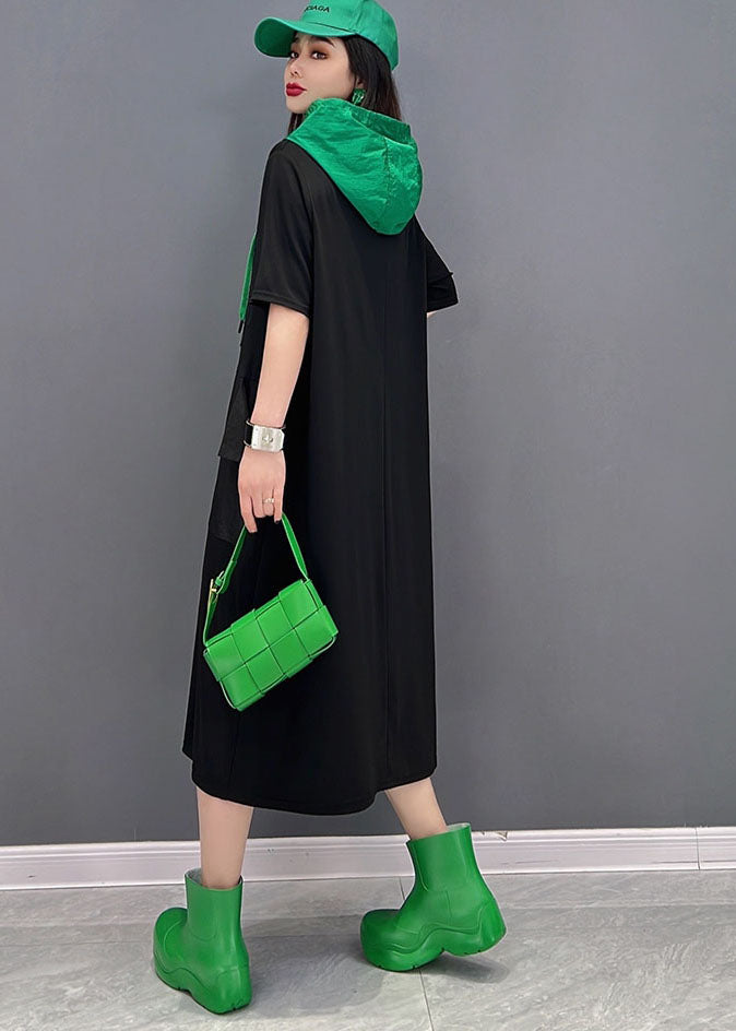 Casual Black Colorblock Hooded Cotton Sweatshirts Dress Short Sleeve