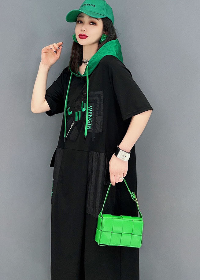 Casual Black Colorblock Hooded Cotton Sweatshirts Dress Short Sleeve