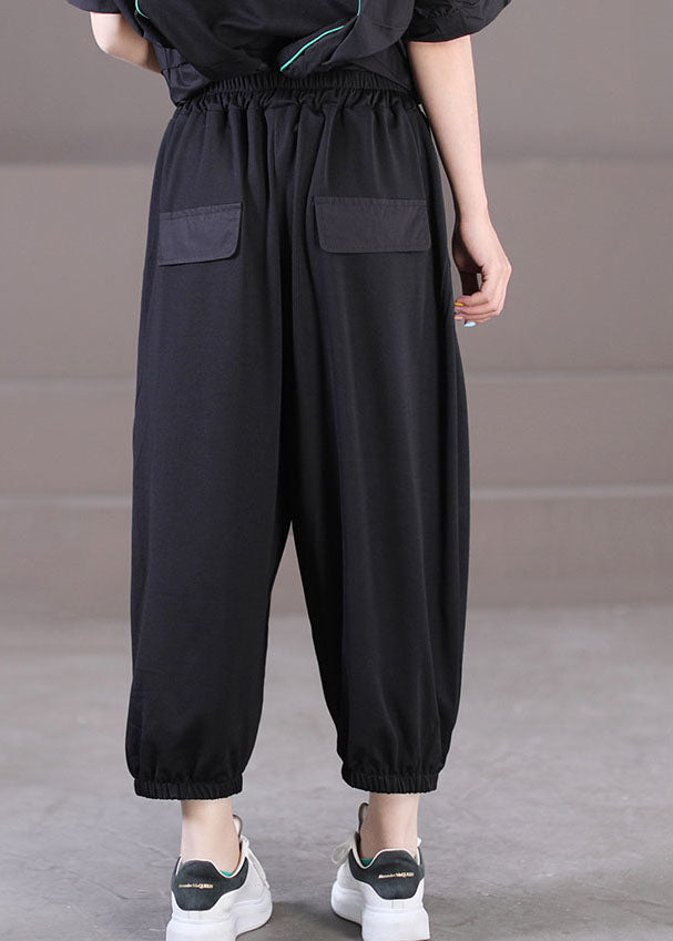 Casual Black Elastic Waist Pockets Letter Print Cotton Crop Pants Summer