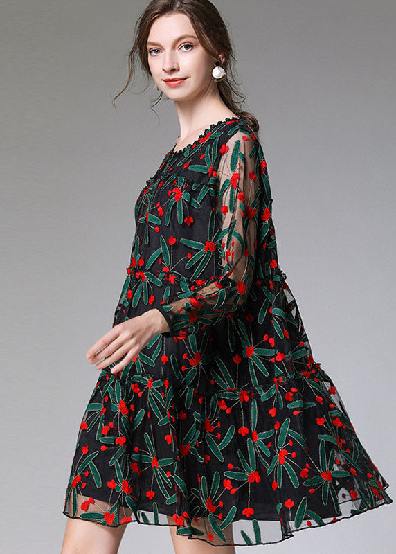 Casual Black Embroidered Floral Tulle Lace A Line Dress Long Sleeve