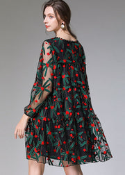 Casual Black Embroidered Floral Tulle Lace A Line Dress Long Sleeve