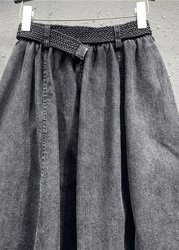 Casual Black Gray Elastic Waist Pleated Pocket Denim Skirt Autumn