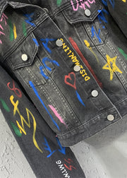 Casual Black Gray Lapel Graffiti Denim Jacket Autumn