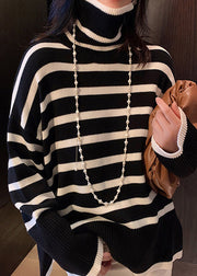 Casual Black Hign Neck Striped Versatile Knitted Sweaters Winter