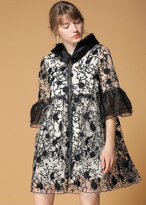 Casual Black Hooded Embroidered Patchwork Organza Coats Half Sleeve