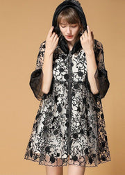 Casual Black Hooded Embroidered Patchwork Organza Coats Half Sleeve