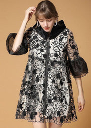 Casual Black Hooded Embroidered Patchwork Organza Coats Half Sleeve