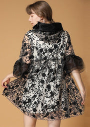 Casual Black Hooded Embroidered Patchwork Organza Coats Half Sleeve