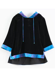 Casual Black Hooded Patchwork Silk Velour Pullover Sweatshirt Half sleeve