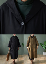 Casual Black Hooded Pockets Patchwork Cotton Long Trench Coats Long Sleeve