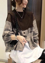 Casual Black Knit Patchwork Plaid Fall Long sleeve Shirt