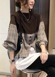 Casual Black Knit Patchwork Plaid Fall Long sleeve Shirt