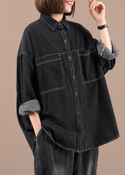 Casual Black Loose Casual Denim Fall Long Sleeve Coat