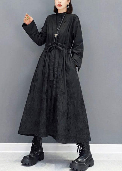 Casual Black O-Neck Button Maxi Dresses Fall Long Sleeve - bagstylebliss