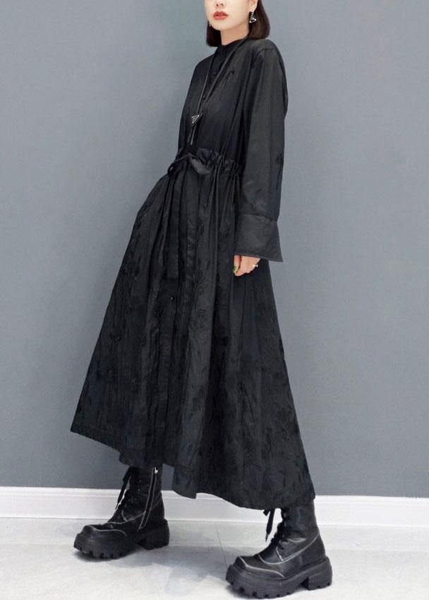 Casual Black O-Neck Button Maxi Dresses Fall Long Sleeve - bagstylebliss