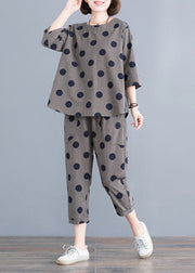 Casual Black O-Neck Button Plaid Dot Cotton Top elastic waist Pants Two Pieces Set Half Sleeve