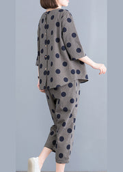 Casual Black O-Neck Button Plaid Dot Cotton Top elastic waist Pants Two Pieces Set Half Sleeve