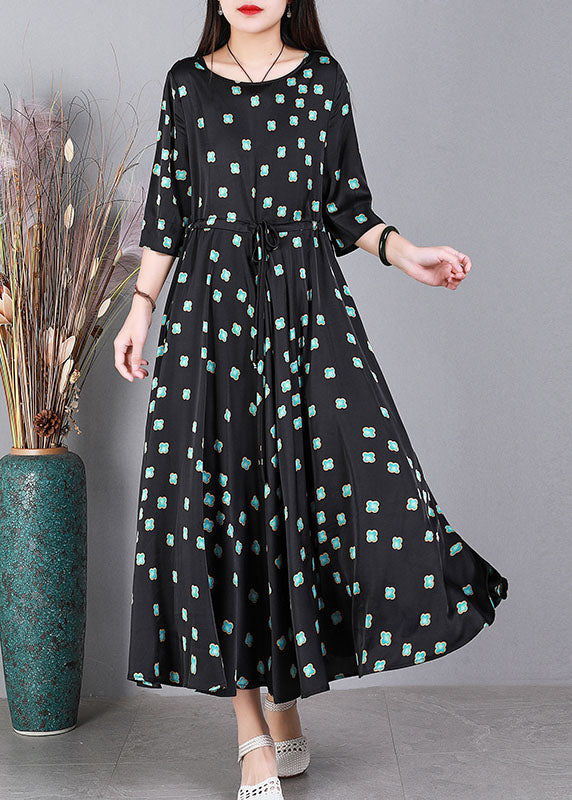 Casual Black O-Neck Floral Print Drawstring Exra Large Hem Silk Cinch Dress Half Sleeve