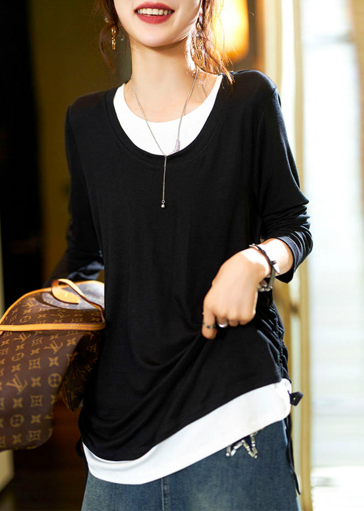 Casual Black O-Neck Patchwork Fake Two Pieces Tops Fall