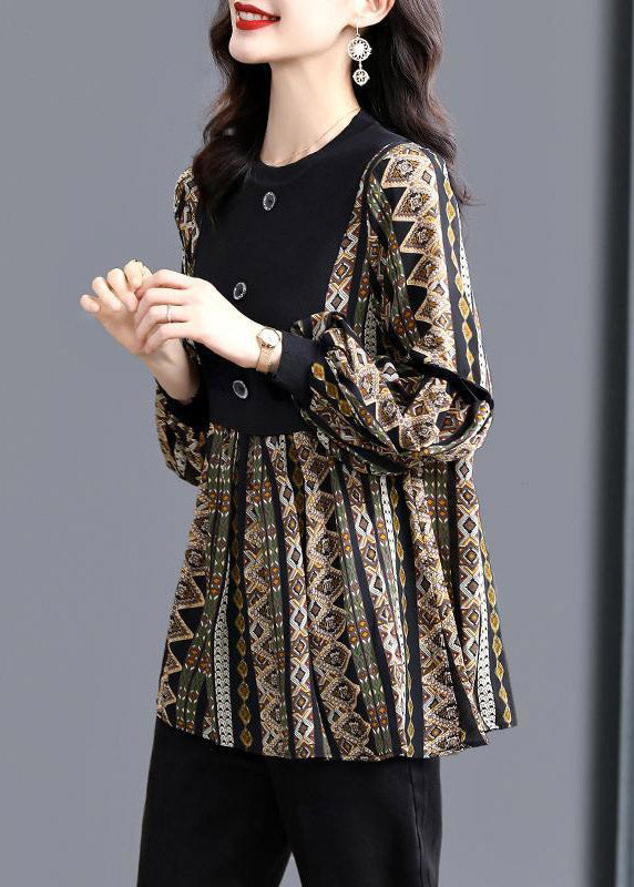 Casual Black O-Neck Patchwork Striped Print Shirt Tops Long sleeve