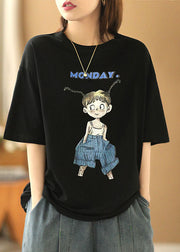 Casual Black O-Neck Print Oversized Cotton Tanks Short Sleeve