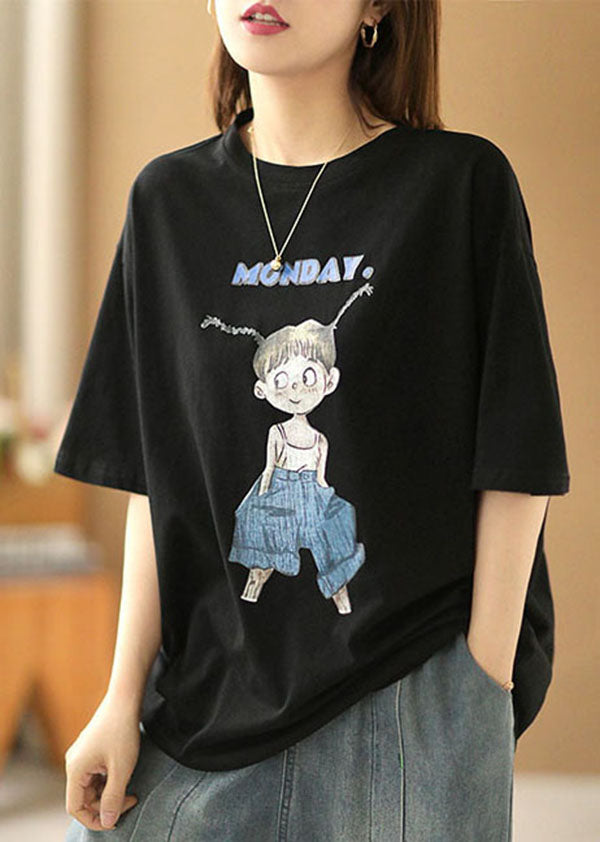 Casual Black O-Neck Print Oversized Cotton Tanks Short Sleeve