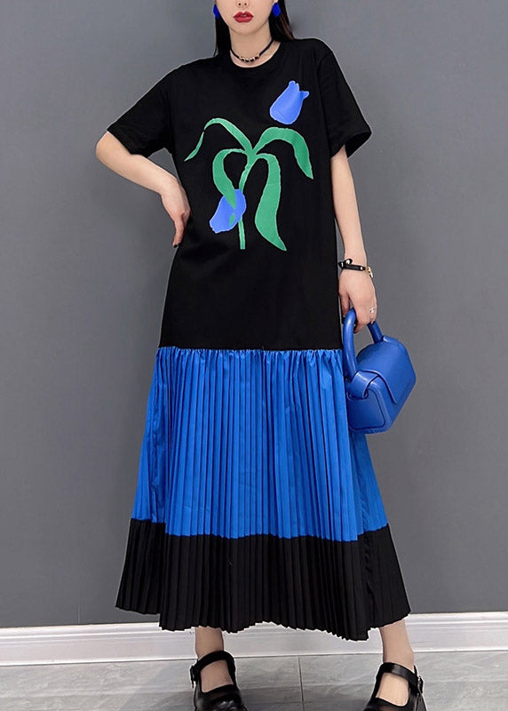 Casual Black O-Neck Print Patchwork pleated Dress Short Sleeve