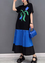 Casual Black O-Neck Print Patchwork pleated Dress Short Sleeve