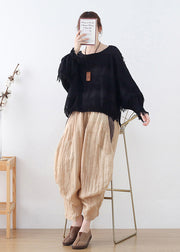 Casual Black Original Design O-Neck Cotton Tops Lantern Sleeve