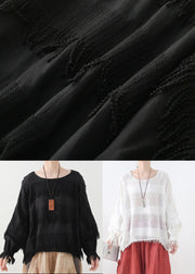 Casual Black Original Design O-Neck Cotton Tops Lantern Sleeve