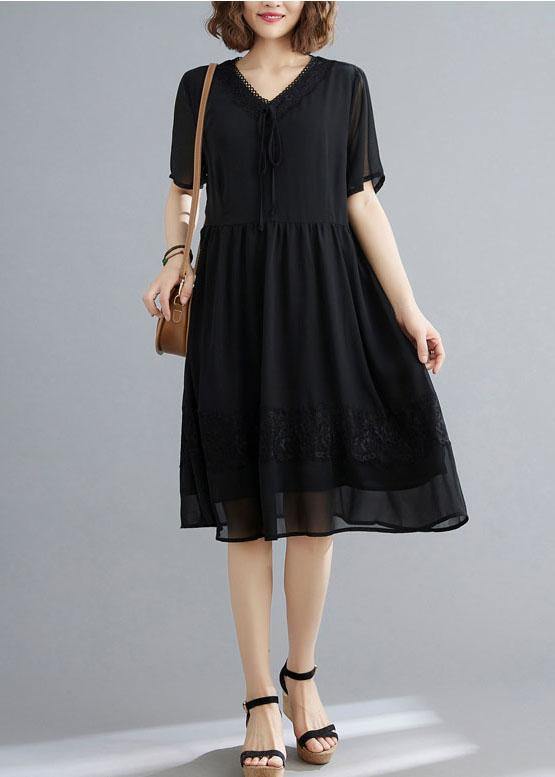 Casual Black Patchwork Lace V Neck Mid Dress Summer Chiffon Dress - bagstylebliss