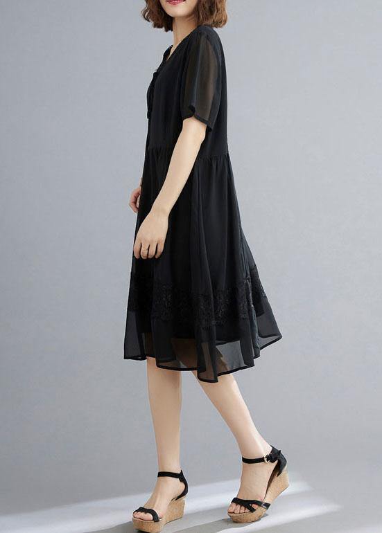 Casual Black Patchwork Lace V Neck Mid Dress Summer Chiffon Dress - bagstylebliss