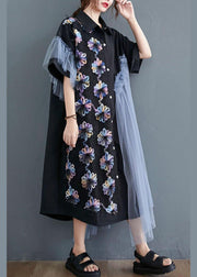 Casual Black Patchwork Tulle Peter Pan Collar Summer Button Dresses Half Sleeve - bagstylebliss