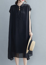 Casual Black Peter Pan Collar Chiffon Holiday Dress Short Sleeve