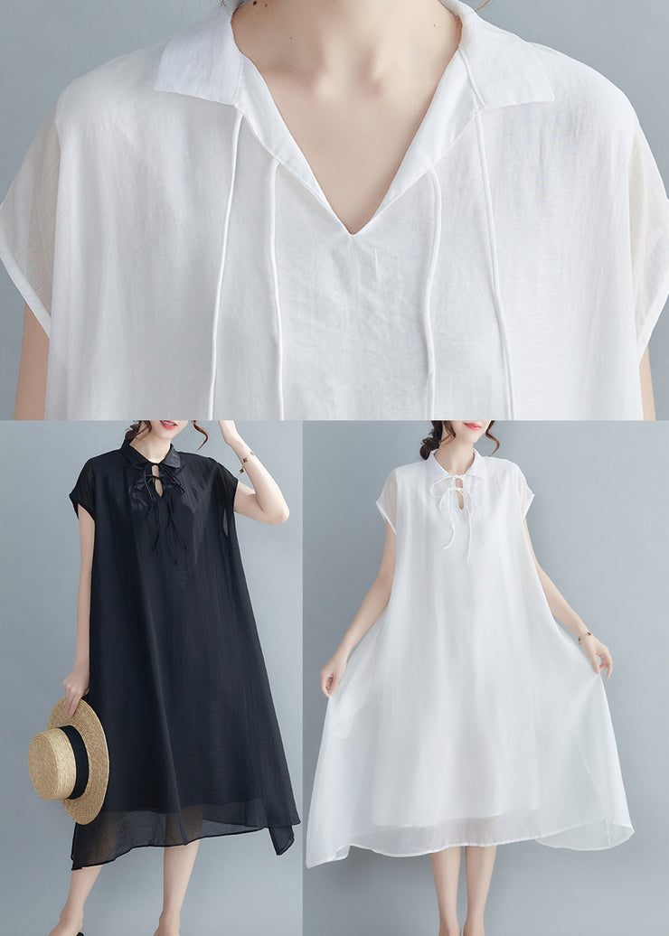 Casual Black Peter Pan Collar Chiffon Holiday Dress Short Sleeve