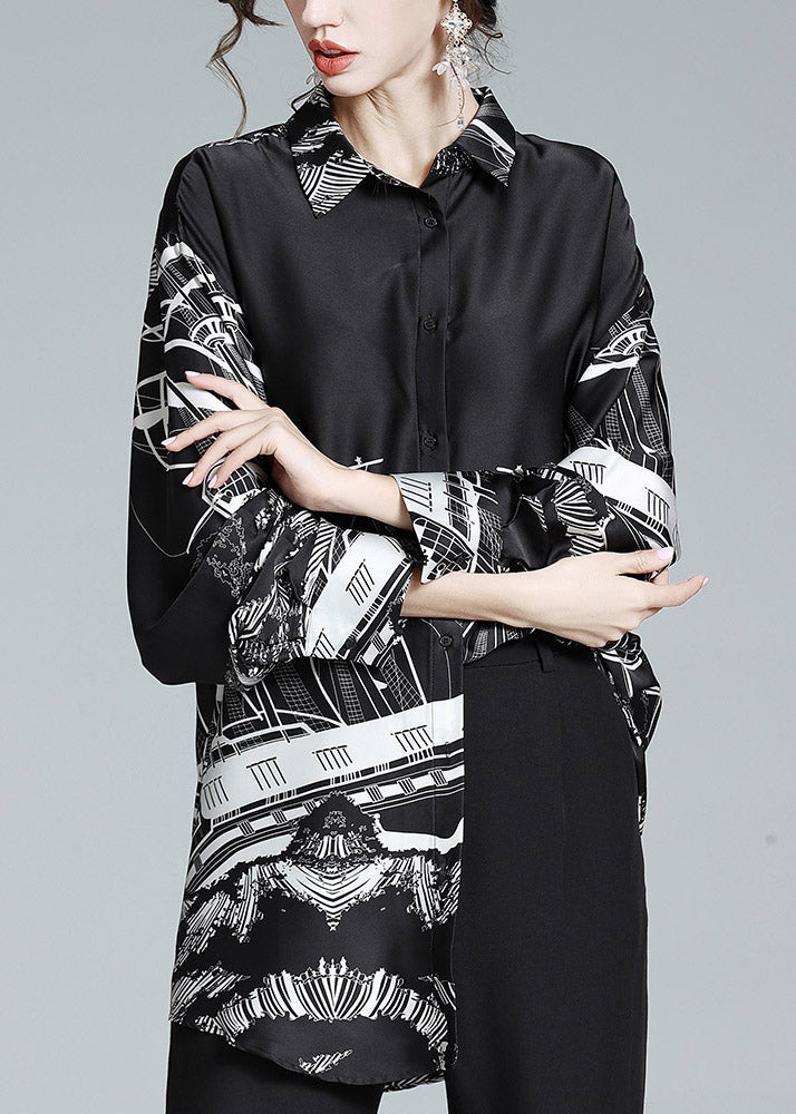 Casual Black Peter Pan Collar Print Button Silk Shirt Long Sleeve