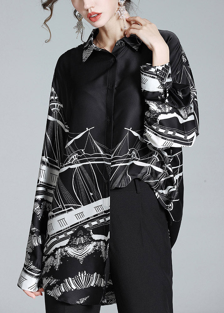 Casual Black Peter Pan Collar Print Button Silk Shirt Long Sleeve