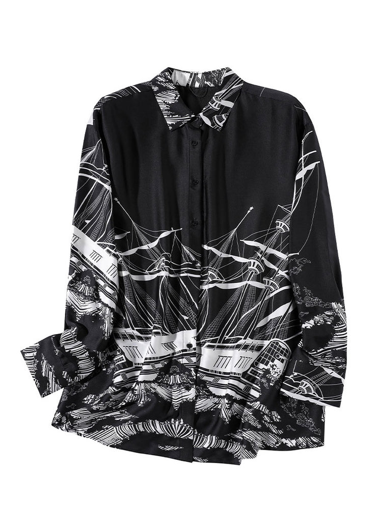 Casual Black Peter Pan Collar Print Button Silk Shirt Long Sleeve