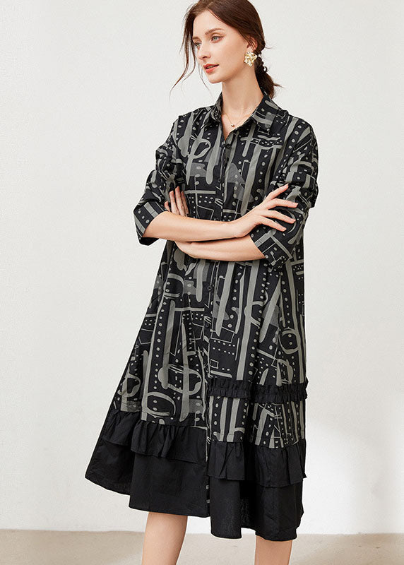 Casual Black Peter Pan Collar Print Cotton shirts Dresses Spring