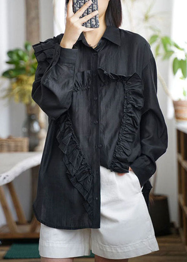 Casual Black Peter Pan Collar Ruffled Patchwork Cotton Shirt Tops Fall