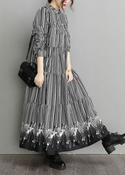 Casual Black Peter Pan Collar Striped Patchwork Dress Spring