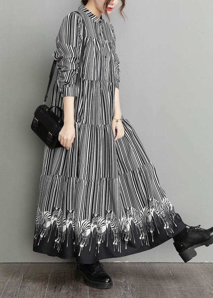 Casual Black Peter Pan Collar Striped Patchwork Dress Spring