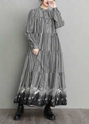 Casual Black Peter Pan Collar Striped Patchwork Dress Spring